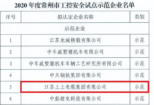 尊龙凯时电缆获评常州市首批“工控宁静示范企业”称呼