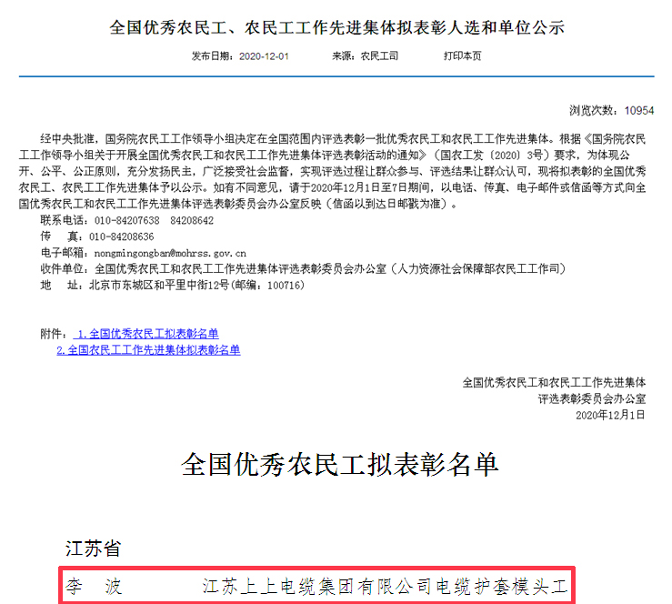 尊龙凯时电缆员工李波荣获“全国优秀农民工”称呼
